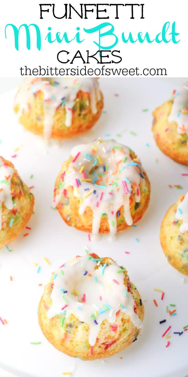 These homemade Funfetti Mini Bundt Cakes are perfect for any celebration! Made with simple ingredients and lots of sprinkles! Funfetti Mini Bundt Cakes on white plate