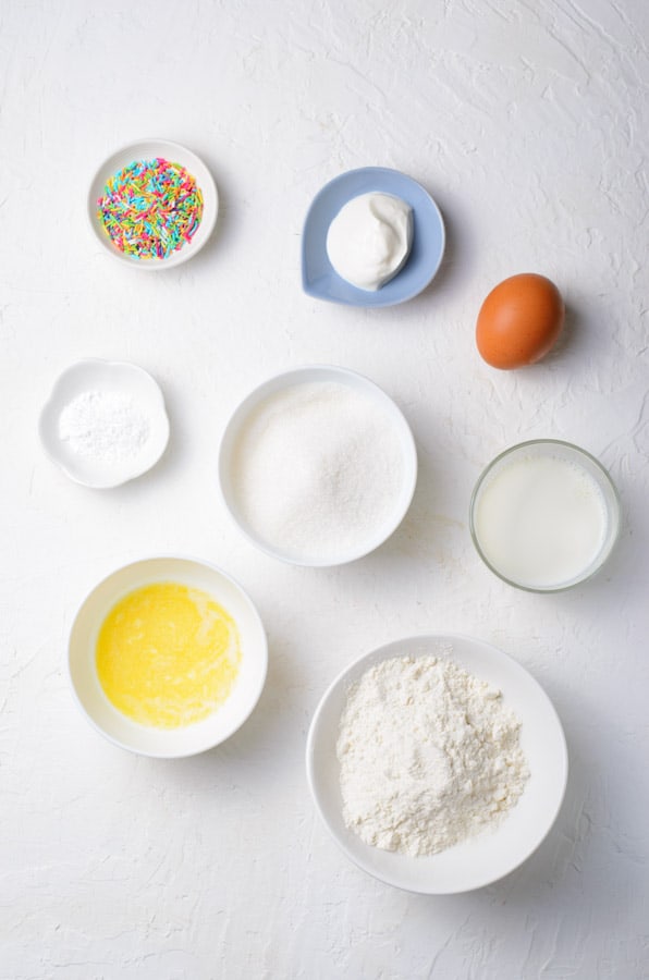 Funfetti Mini Bundt Cakes Ingredients in glass bowls