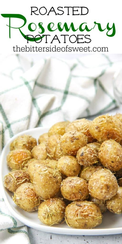 Roasted Rosemary Potatoes bakes up quick and easy! Creamy potatoes loaded with rosemary, for the best side dish! Roasted Rosemary Potatoes on white plate