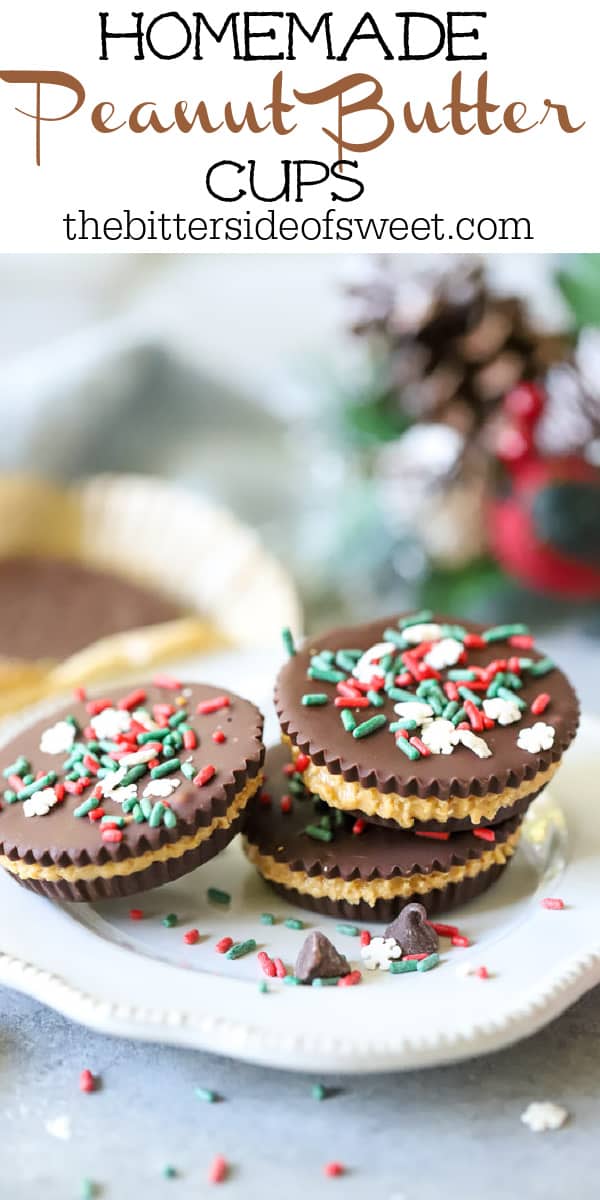 Easy Homemade Peanut Butter Cups! Layers of rich chocolate and creamy peanut butter, these are a fantastic treat! Perfect for freezing too! Homemade Peanut Butter Cups with green, red, and white sprinkles