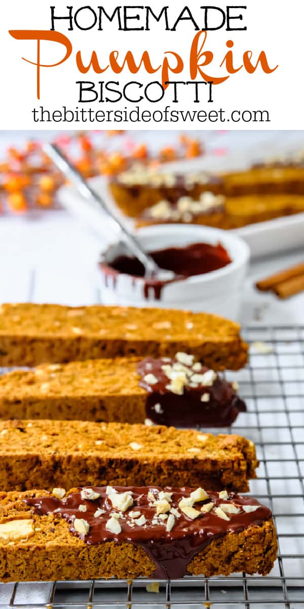 These delicious Homemade Pumpkin Biscotti is the perfect treat to go with your coffee or tea! Drizzled with chocolate and a sprinkle of nuts! Homemade Pumpkin Biscotti with chocolate and nuts
