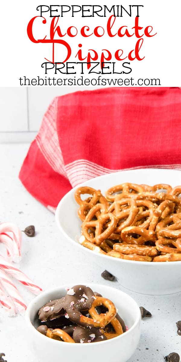 These Peppermint Chocolate Dipped Pretzels are an easy last minute treat! A delicious sweet and salty snack! Peppermint Chocolate Dipped Pretzels on white background
