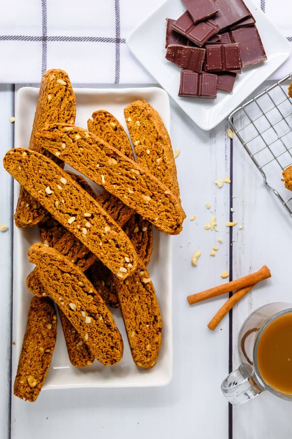 These delicious Homemade Pumpkin Biscotti is the perfect treat to go with your coffee or tea! Drizzled with chocolate and a sprinkle of nuts! Homemade Pumpkin Biscotti without chocolate