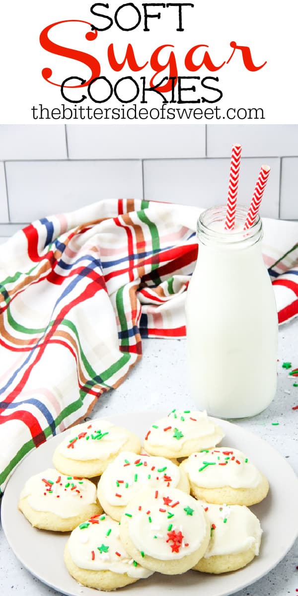 These classic Soft Sugar Cookies are perfect for a baking day! With a buttercream frosting and fun sprinkles they will be a hit! Soft Sugar Cookies on plate with milk