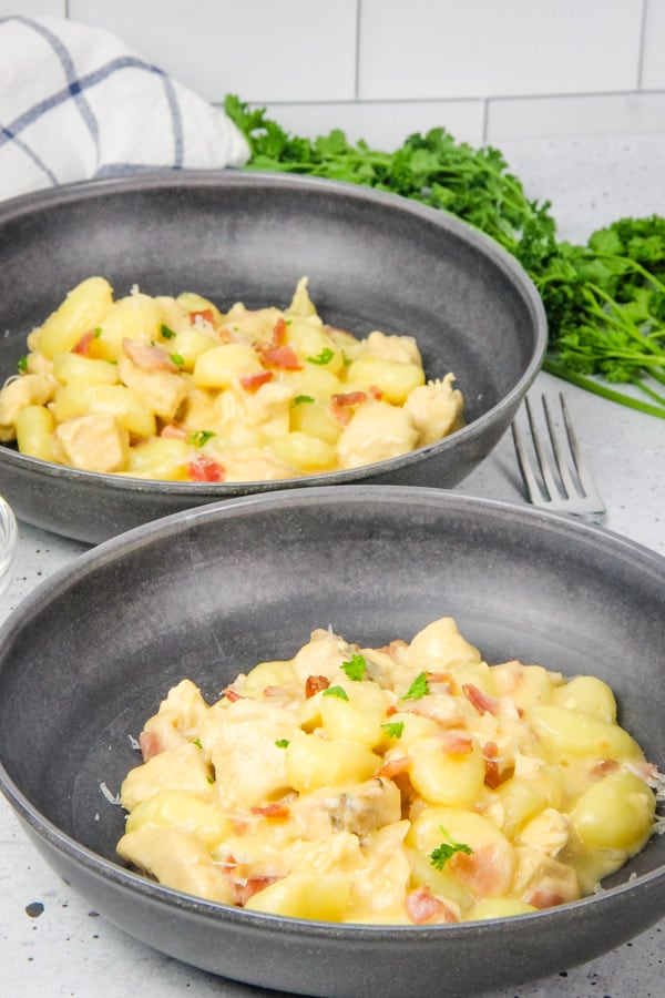 Chicken Bacon Gnocchi Skillet in gray bowls