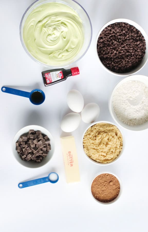 Mint Chocolate Chip Brownies are fudgy and decadent dessert. Topped with a semi-homemade frosting, with lots of mint flavor! Mint Chocolate Chip Brownies ingredients in bowls.