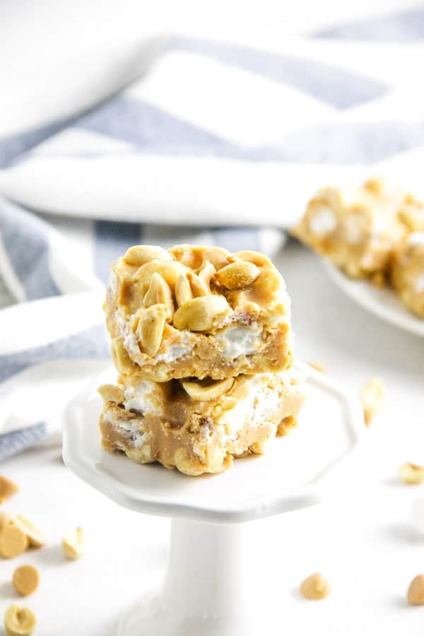 Salted Nut Roll Bars are a candy classic made into a delicious ooey gooey bar! Filled with peanut butter and marshmallows, the whole family would enjoy it! Salted Nut Roll Bars on white stand