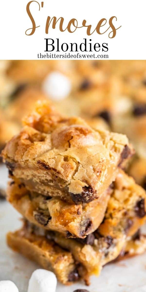 Easy S'mores Blondies are full of your favorite summertime flavors wrapped up in one bar! Perfect all year round! S'mores Blondies close up image.