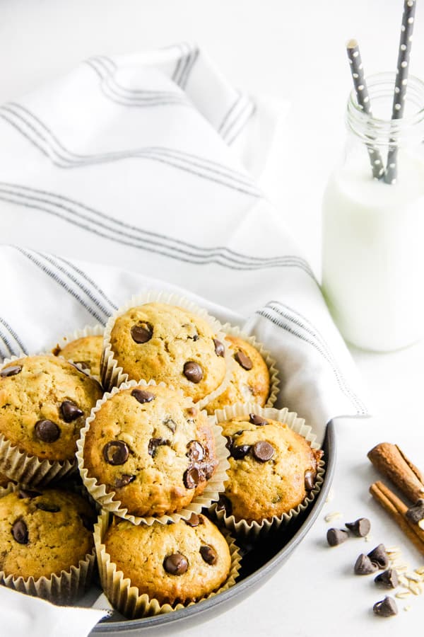 These Chocolate Chip Oatmeal Cookies are delicious for a grab and go breakfast! Made with oats, chocolate chips and a touch of cinnamon! muffins stacked in gray bowl.