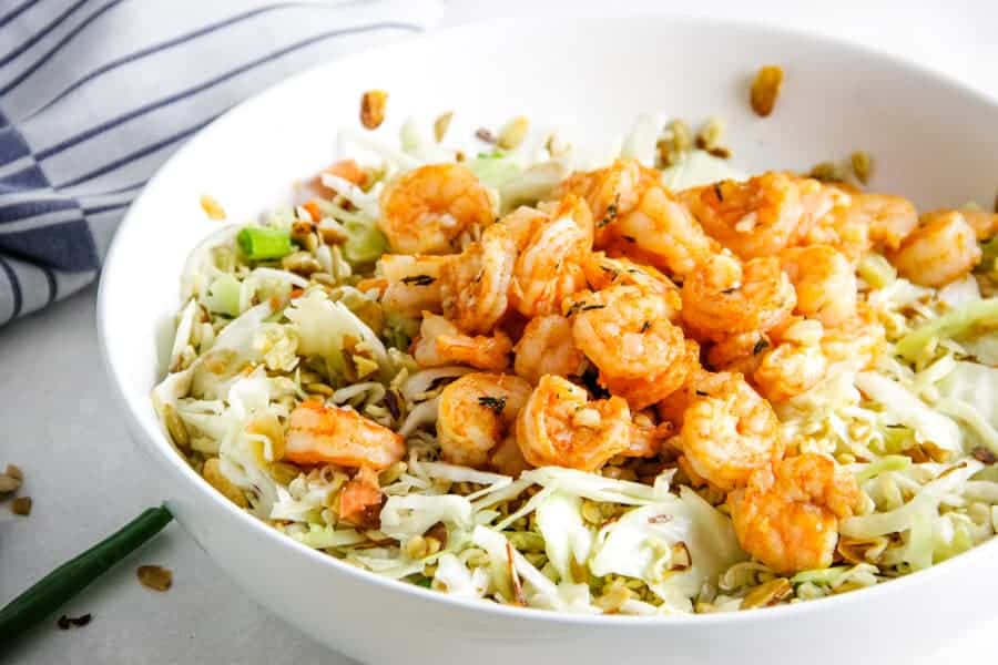 Shrimp Ramen Salad in white bowl.