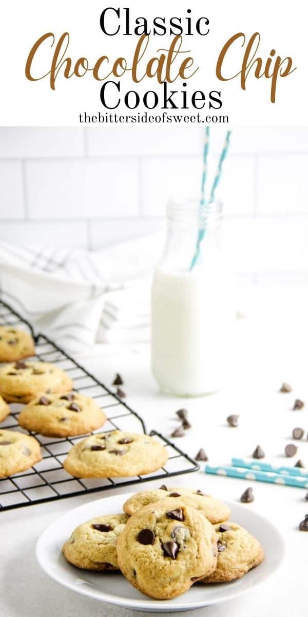 With simple ingredients these Classic Chocolate Chip Cookies bake up soft and chewy! Ready in just about 10 minutes, they will disappear fast! cookies on white plate.