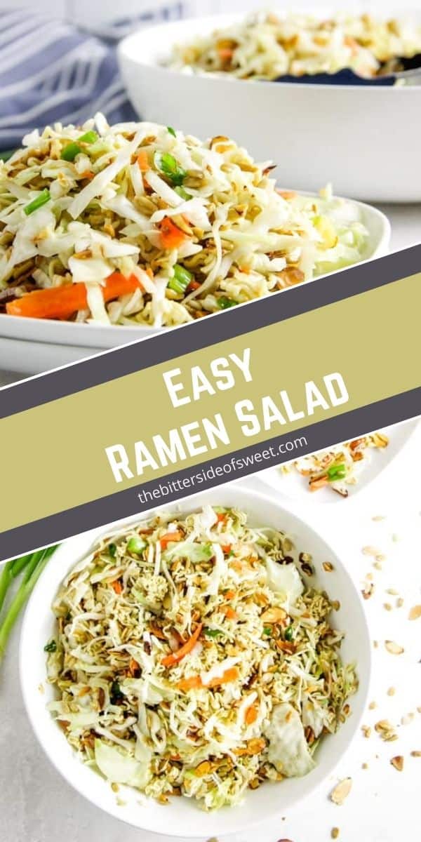 This easy Ramen Salad is a delicious side dish full of toasted almonds, sunflower seeds and topped with a tasty vinegar dressing! Easy Ramen Salad in white bowls.