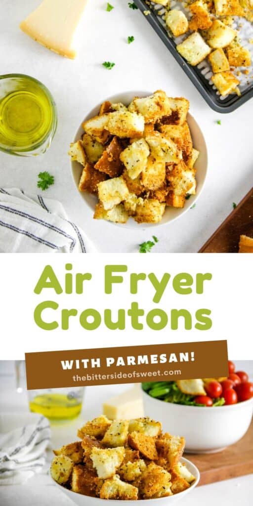 These Air Fryer Croutons are the perfect addition to salads or soups! Made with breads, spices and freshly grated Parmesan cheese! long image of air fryer croutons in white bowls.
