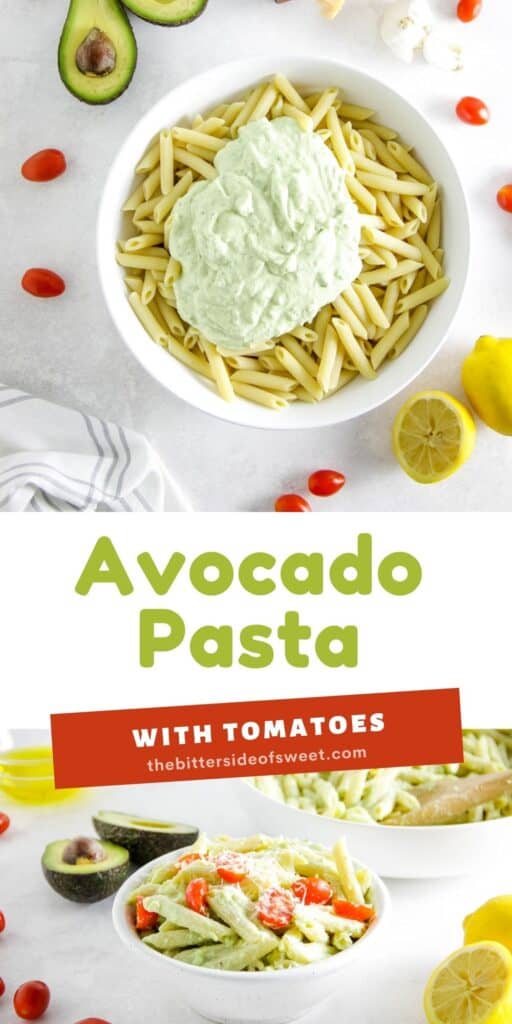 This Creamy Avocado Pasta is silky, fresh, and easy to prep! Use a ripe avocado, fresh tomatoes top it over your favorite pasta noodle! Ready in less than 30 minutes, make for an easy week night meal! collage of avocado pasta.