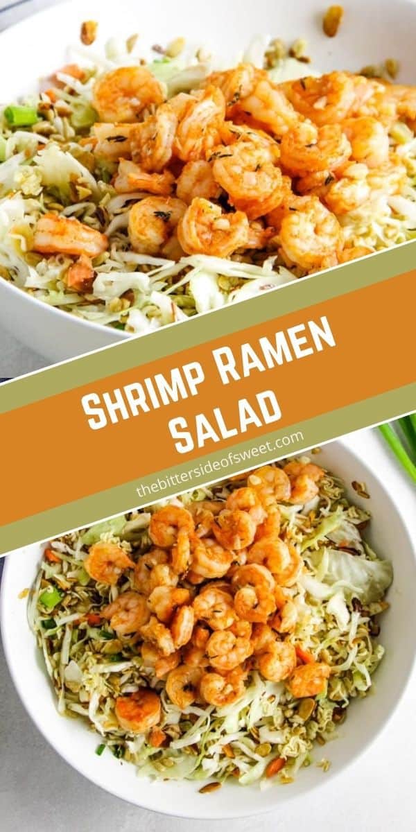 Delicious, but simple Shrimp Ramen Salad! With spicy shrimp, toasted almonds, sunflower seeds and a shrimp flavored dressing! Shrimp Ramen Salad in bowls.