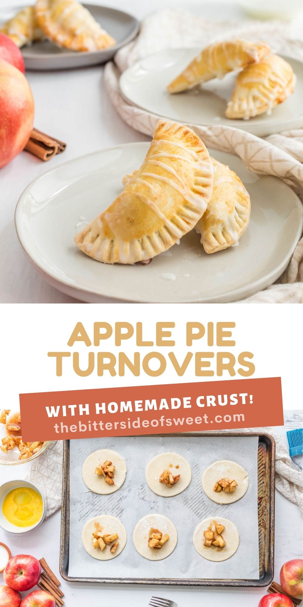 Homemade buttery pie crust filled with a delicious simple apple compote makes these Apple Pie Turnovers a new family favorite! Apple Pie Turnovers collage of pictures.