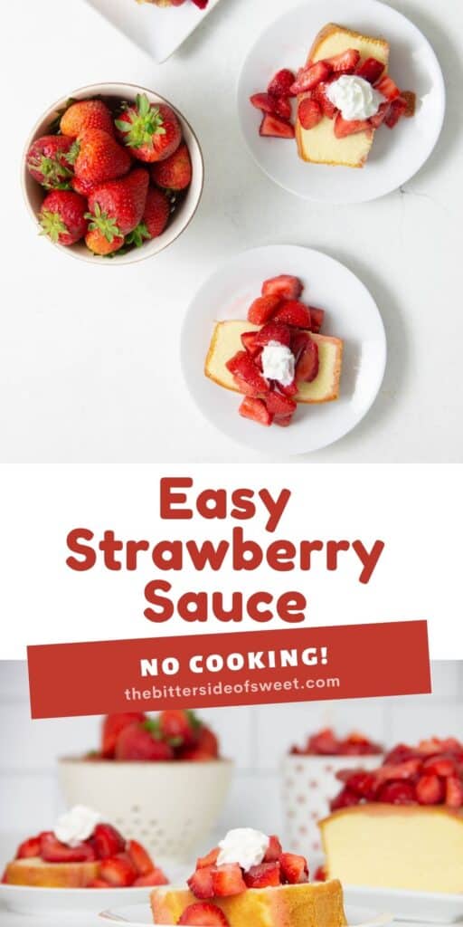 This Easy Strawberry Sauce Recipe is made with just two ingredients and there is no cooking involved! Perfect on cake, ice cream, or granola! Easy Strawberry Sauce Recipe collage.