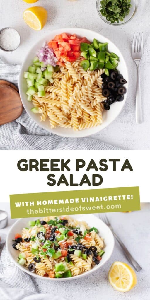 Easy Greek Pasta Salad served cold with a homemade vinaigrette. With fresh vegetables topped with feta cheese! Greek Pasta Salad collage.