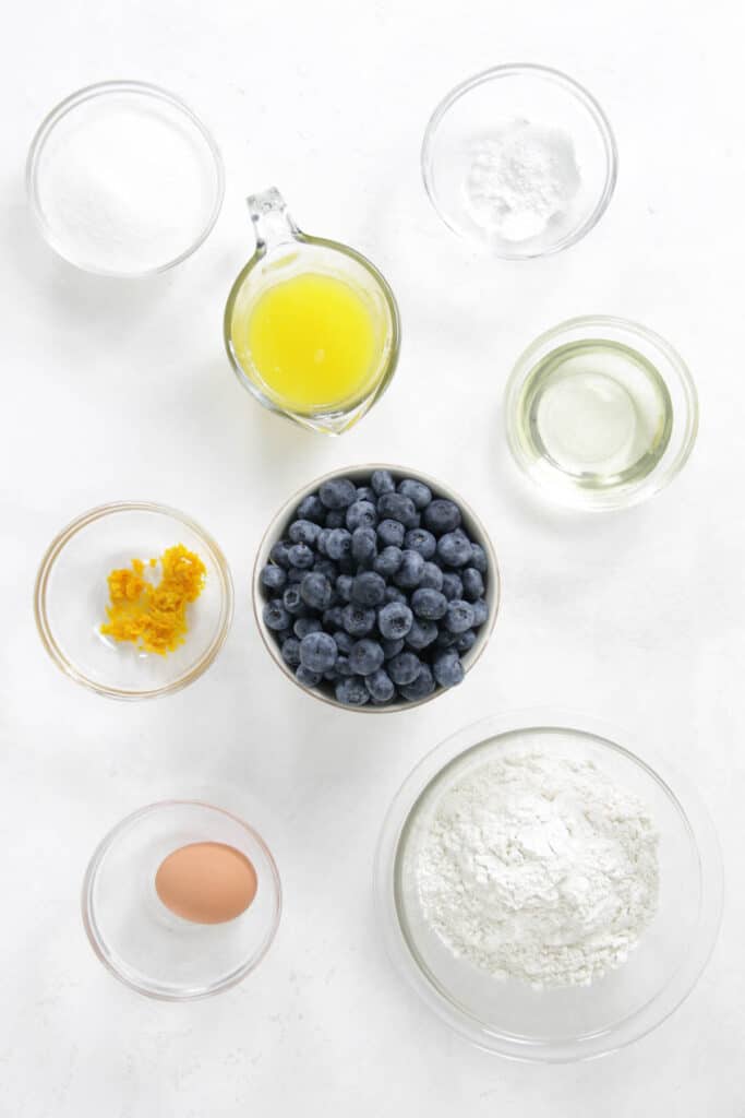 Orange Blueberry Muffins Ingredients in bowls.