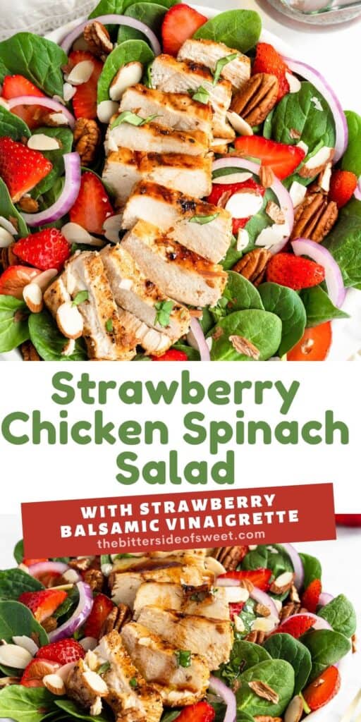 This easy Strawberry Chicken Spinach Salad is a delicious, complete meal! With marinated chicken, strawberries and a homemade vinaigrette! Strawberry Chicken Spinach Salad collage.