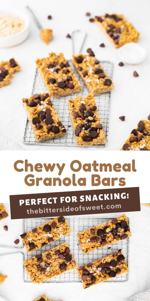 Chewy Oatmeal Granola Bars are made in just about 10 minutes! Filled with peanut butter, oats, honey, and any kind of chocolate chip! Chewy Oatmeal Granola Bars collage.