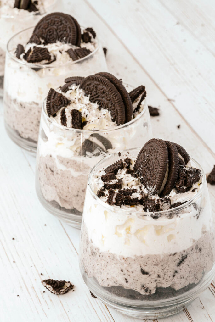 This easy Cookies and Cream Mousse is the perfect no bake dessert! Made with just 3 ingredients, it comes together quickly! Cookies and Cream Mousse on white background.