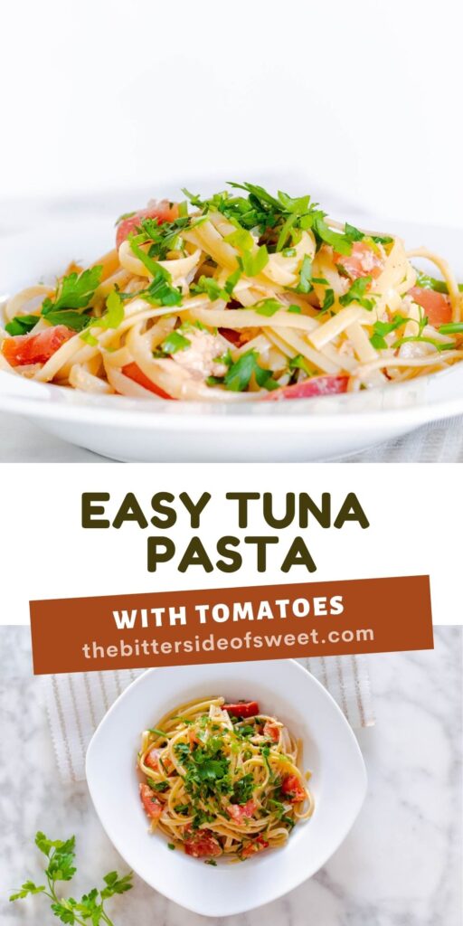 This easy Tuna Pasta With Tomatoes is perfect for a quick meal! With fresh tomatoes and parsley, this pasta can easily be modified! Tuna Pasta with Tomato collage.
