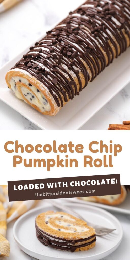 This Chocolate Chip Pumpkin Roll is a fun twist on a classic pumpkin roll! With a fluffy cream cheese filling and mini chocolate chips! Chocolate Chip Pumpkin Roll