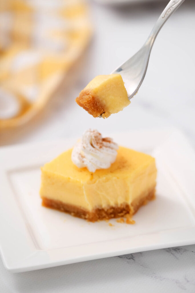 Creamy Pumpkin Cheesecake Bars that taste just like pumpkin pie but in cheesecake form! Perfect alternative to pie for this holiday season! bite of pumpkin cheesecake bars.