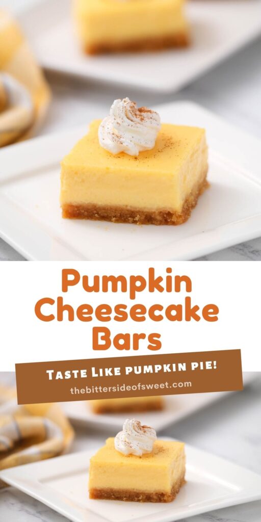 Creamy Pumpkin Cheesecake Bars that taste just like pumpkin pie but in cheesecake form! Perfect alternative to pie for this holiday season! collage of pumpkin cheesecake bars