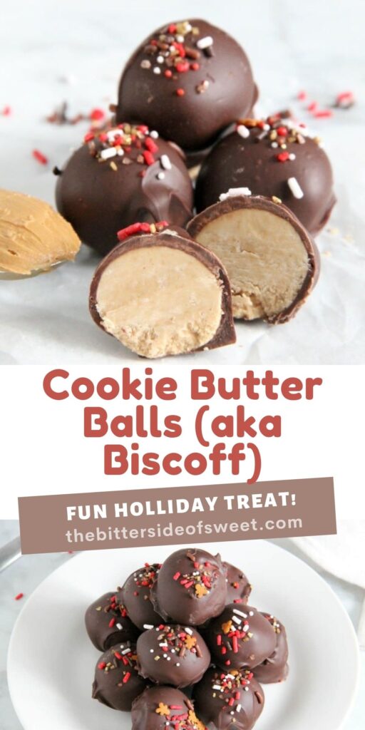 These Cookie Butter Balls are a twist on the classic candy, peanut butter balls! You will love the creamy texture of the cookie butter covered in semi sweet chocolate! Cookie Butter Balls collage.