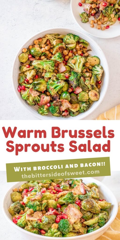 This Warm Brussels Sprouts Salad with Bacon, chickpeas and broccoli that is topped with an apple cider dijon dressing! Warm Brussels Sprouts Salad collage.