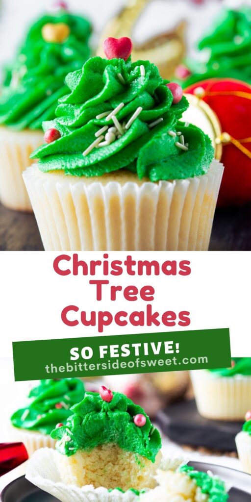 Homemade Christmas Tree Cupcakes that are moist and fluffy! Topped with a festive buttercream frosting! Christmas Tree Cupcakes collage.