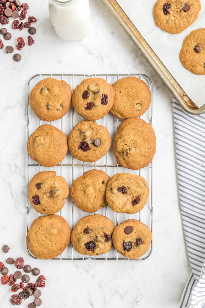 Soft, buttery Dark Chocolate Chip Cherry Cookies! Flavored with a touch of almond extract and lots of dark chocolate! overhead view of Dark Chocolate Chip Cherry Cookies.