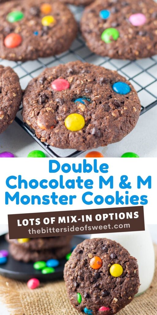 These Double Chocolate Monster Cookies have lots of texture with a little bit of crunch. Lots of mix-in options for the best cookie! Double Chocolate Monster Cookies collage.