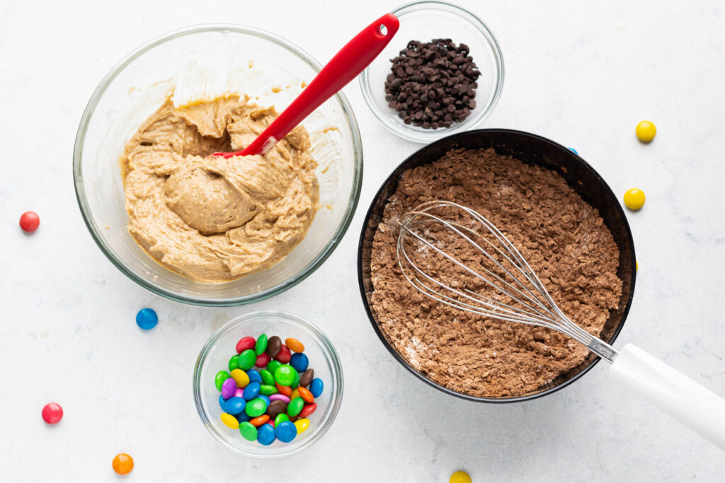 wet ingredients mixed in glass bowl. Dry ingredients in bowl.