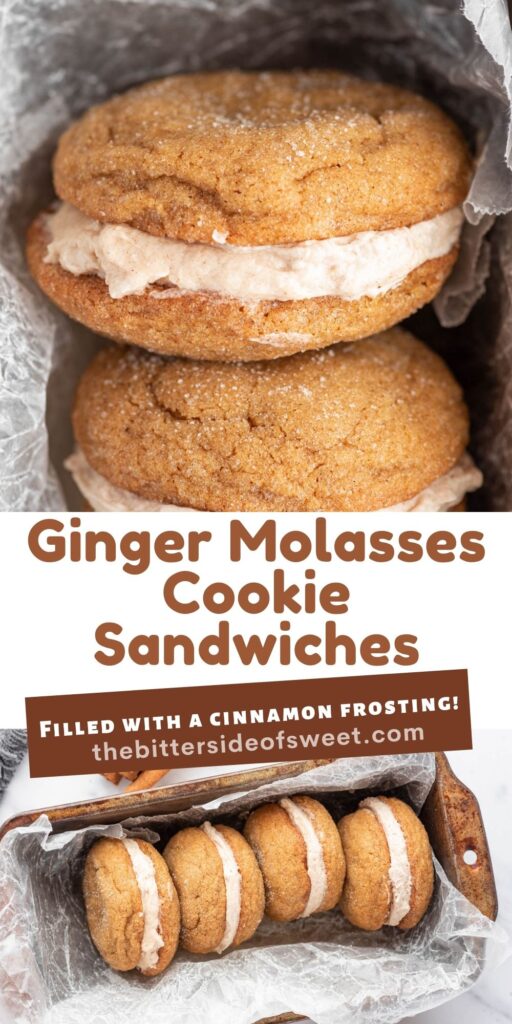 Soft and fluffy Ginger Molasses Cookie Sandwiches! Filled with a cinnamon buttercream frosting! Perfect for any cookie tray! Ginger Molasses Cookie Sandwiches collage of pictures.