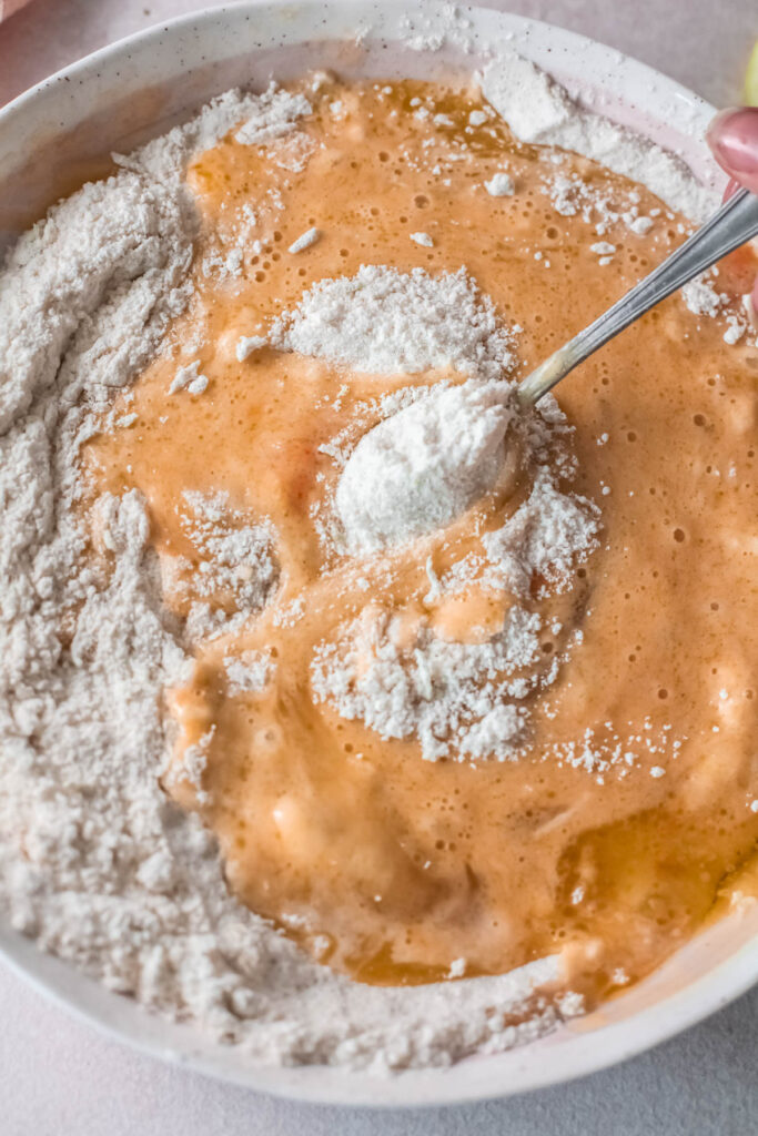 wet and dry ingredients mixed in bowl.