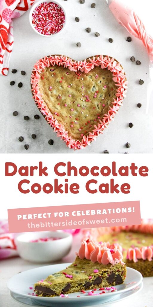 This easy, rich, and chewy Dark Chocolate Cookie Cake is the perfect treat for Valentine's Day! Bakes up in 15 minutes! Dark Chocolate Cookie Cake collage of photos.