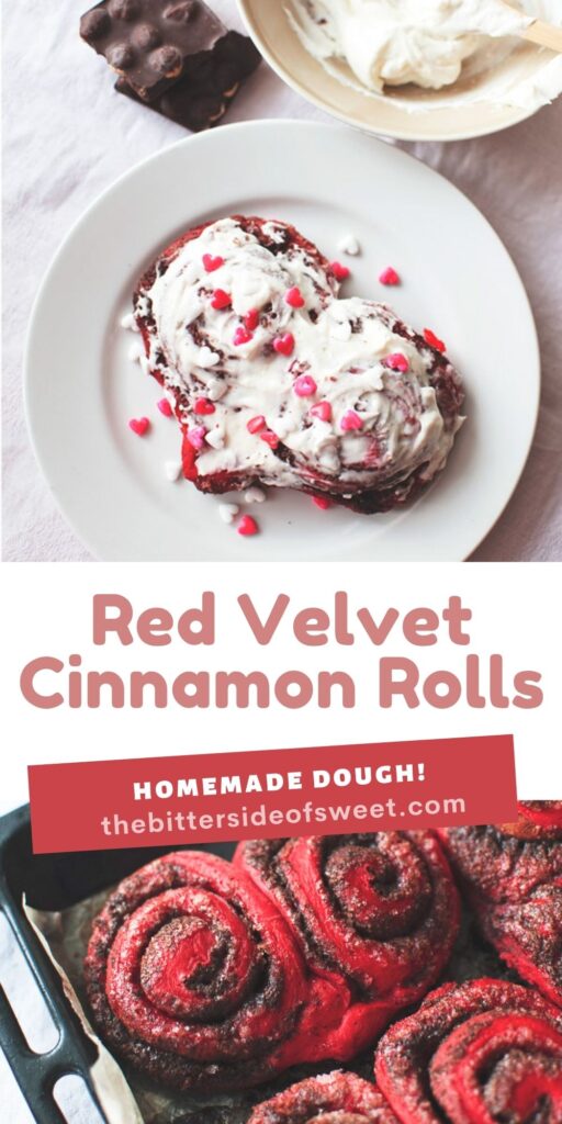 These Red Velvet Cinnamon Rolls are such a fun treat for breakfast or brunch! Made with a homemade dough and topped with a gooey frosting! Red Velvet Cinnamon Rolls collage of pictures #2.