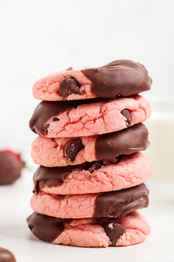 Strawberry Chocolate Cake Mix Cookies stacked.