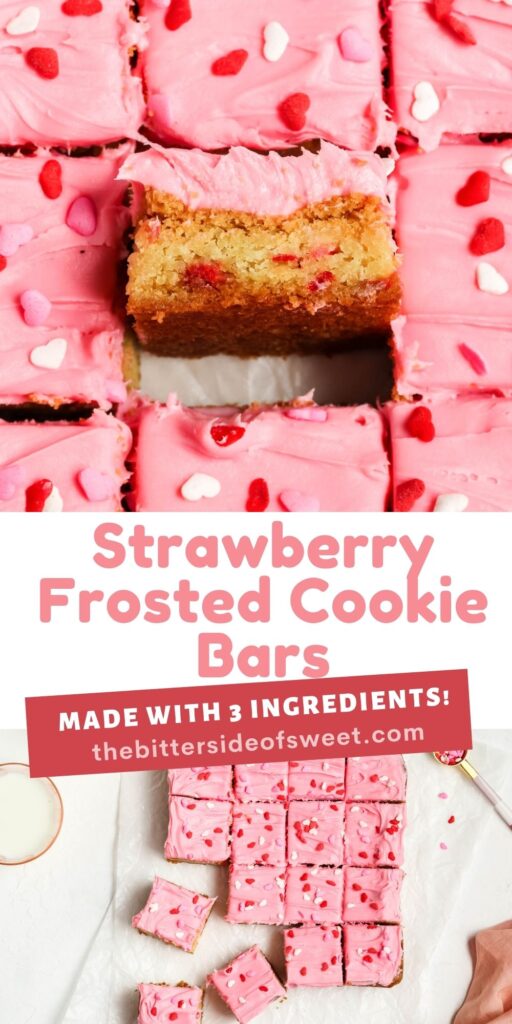 Easy Strawberry Frosted Cookie Bars made with 3 ingredients! Perfect for an easy treat that even the kids can make! Strawberry Frosted Cookie Bars picture collage.