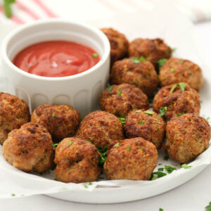 Air Fryer Turkey Meatballs on white plate.