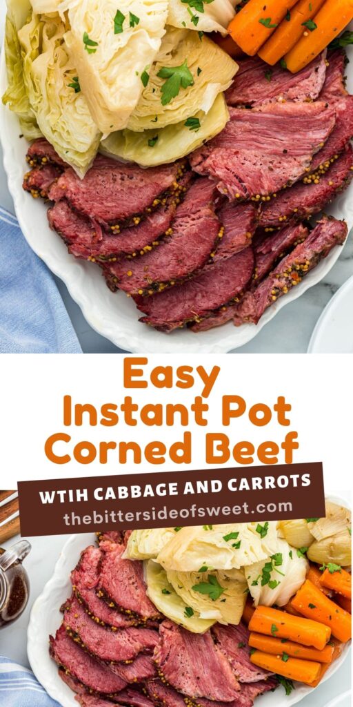 Easy Instant Pot Corned Beef is perfect when you don't want to wait around the oven for hours on end! It's cooked to perfection every time! collage of corned beef on white plate.