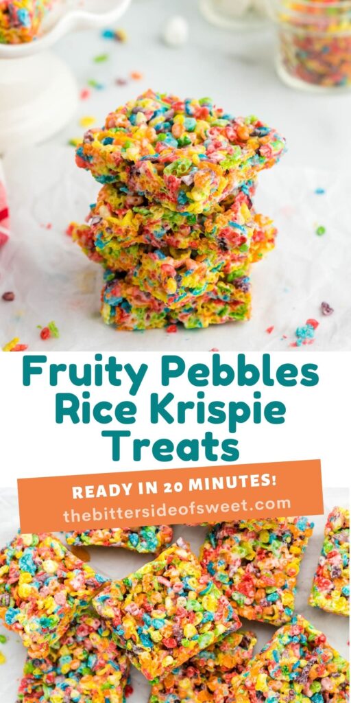These Fruity Pebble Rice Krispie Treats are a fun and easy snack that even the kids can make! Just takes about 20 minutes! Fruity Pebbles Rice Krispie Treats stacked collage.
