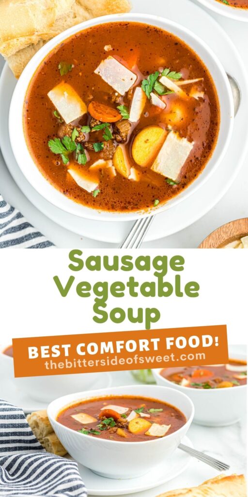 This Sausage Vegetable Soup is easy to put together and is the best comfort food. Loaded with vegetables and sausage! soup collage with two photos.