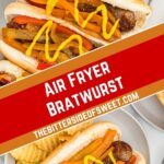 collage of bratwurst in buns.