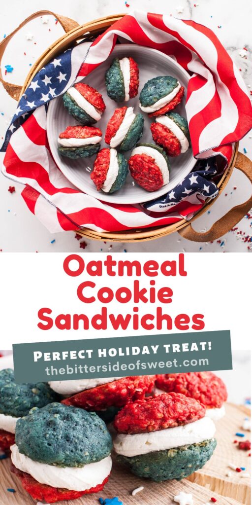 These Oatmeal Cookie Sandwiches are a fun holiday treat! Soft, chewy cookie filled with a sweet buttercream frosting! Oatmeal cookie sandwiches collage.
