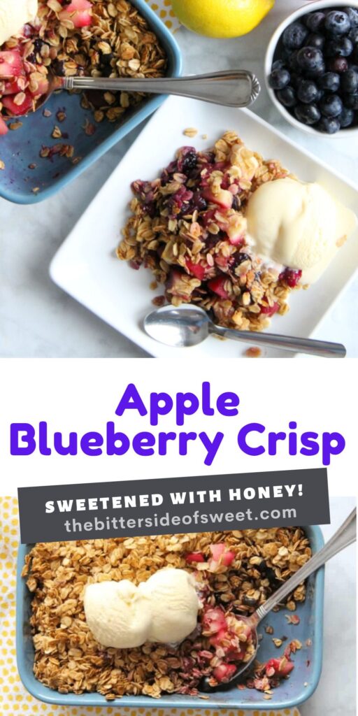 This Apple Blueberry Crisp is made with just a few ingredients of fresh fruit, honey and oats! You will love this lightened up dessert!