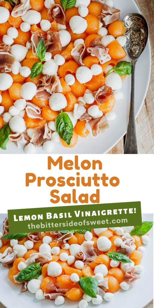 Easy and fresh, Melon Prosciutto Salad! Sweet cantaloupe combined with prosciutto topped with a lemon basil vinaigrette, perfect for summer! Melon Prosciutto Salad collage.
